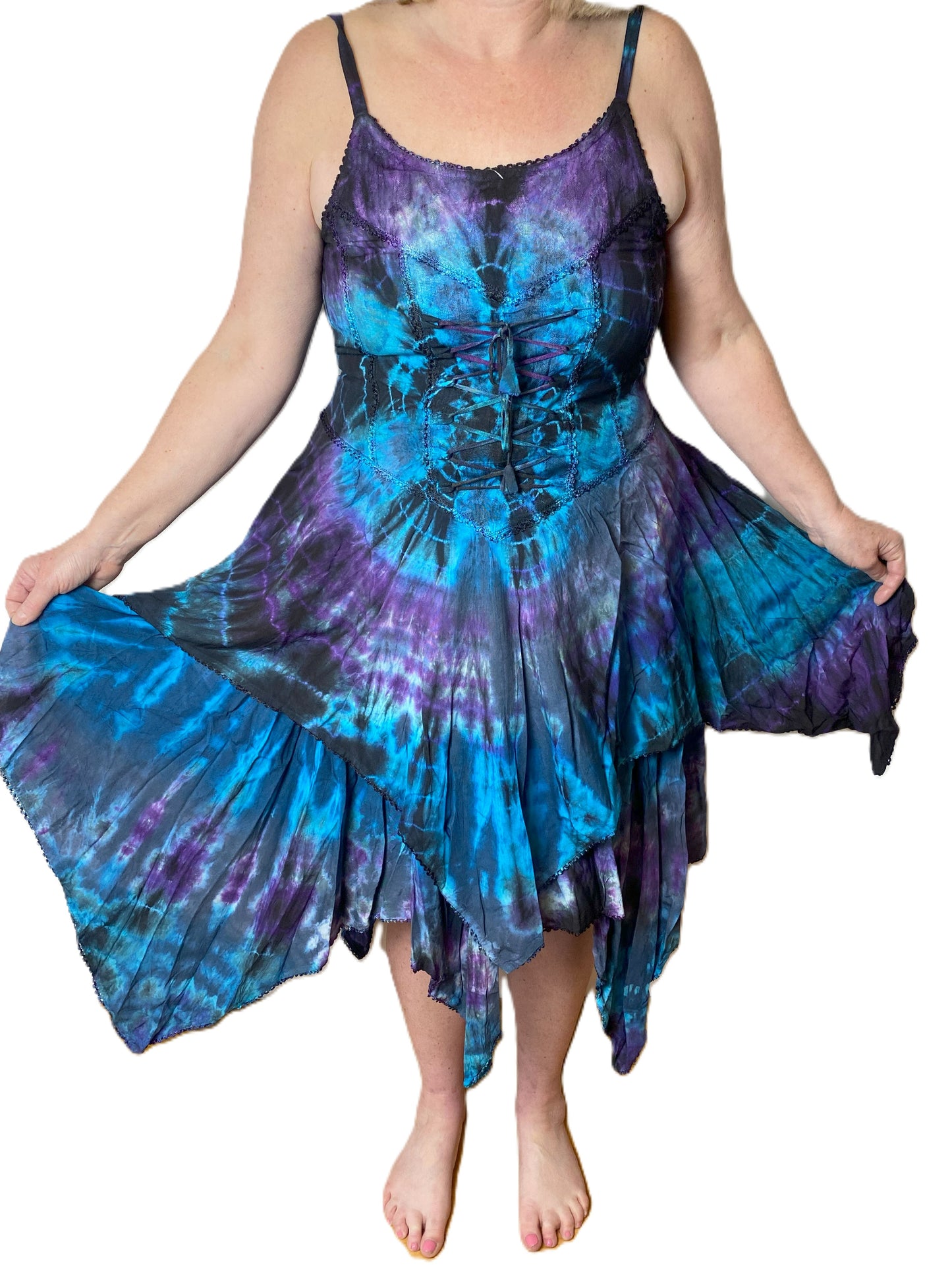 Purple and Blue Tie Dye Corset witchy pagan corset wicca pixie dress Size 10 12 14 16