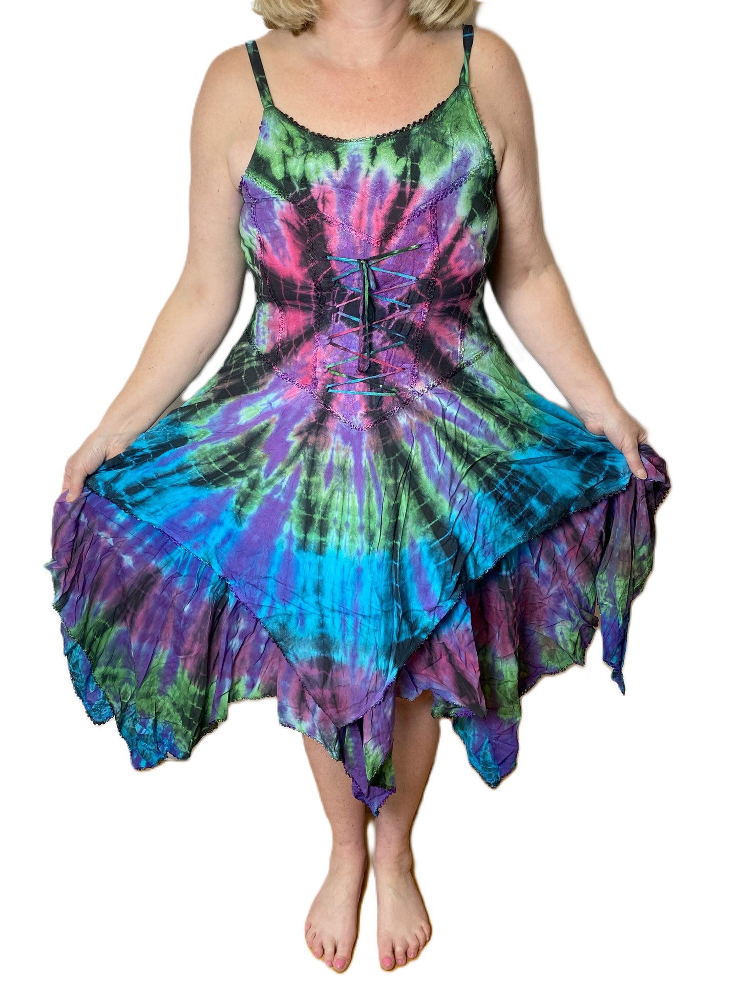 Pink, Green, Purple and Blue Tie Dye Corset witchy pagan corset wicca pixie dress Size 10 12 14 16
