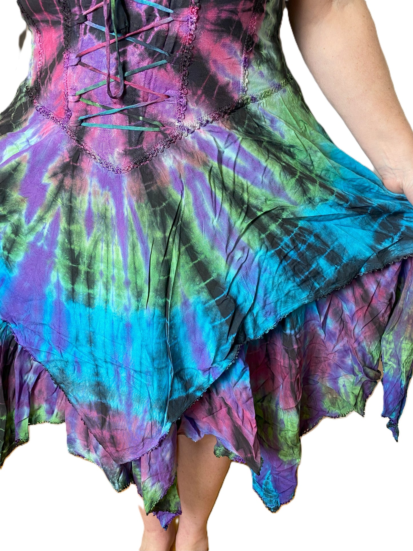 Pink, Green, Purple and Blue Tie Dye Corset witchy pagan corset wicca pixie dress Size 10 12 14 16