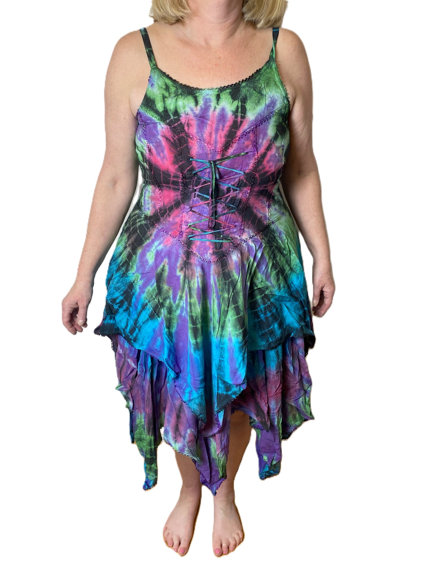 Pink, Green, Purple and Blue Tie Dye Corset witchy pagan corset wicca pixie dress Size 10 12 14 16