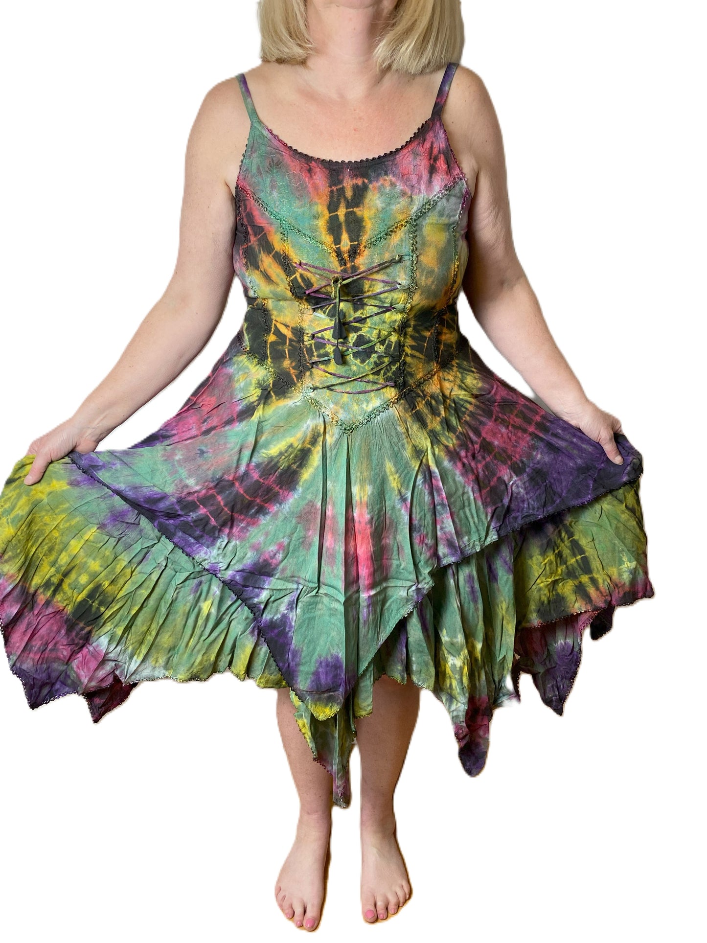 Green, Yellow and Purple Tie Dye Corset witchy pagan corset wicca pixie dress Size 10 12 14 16
