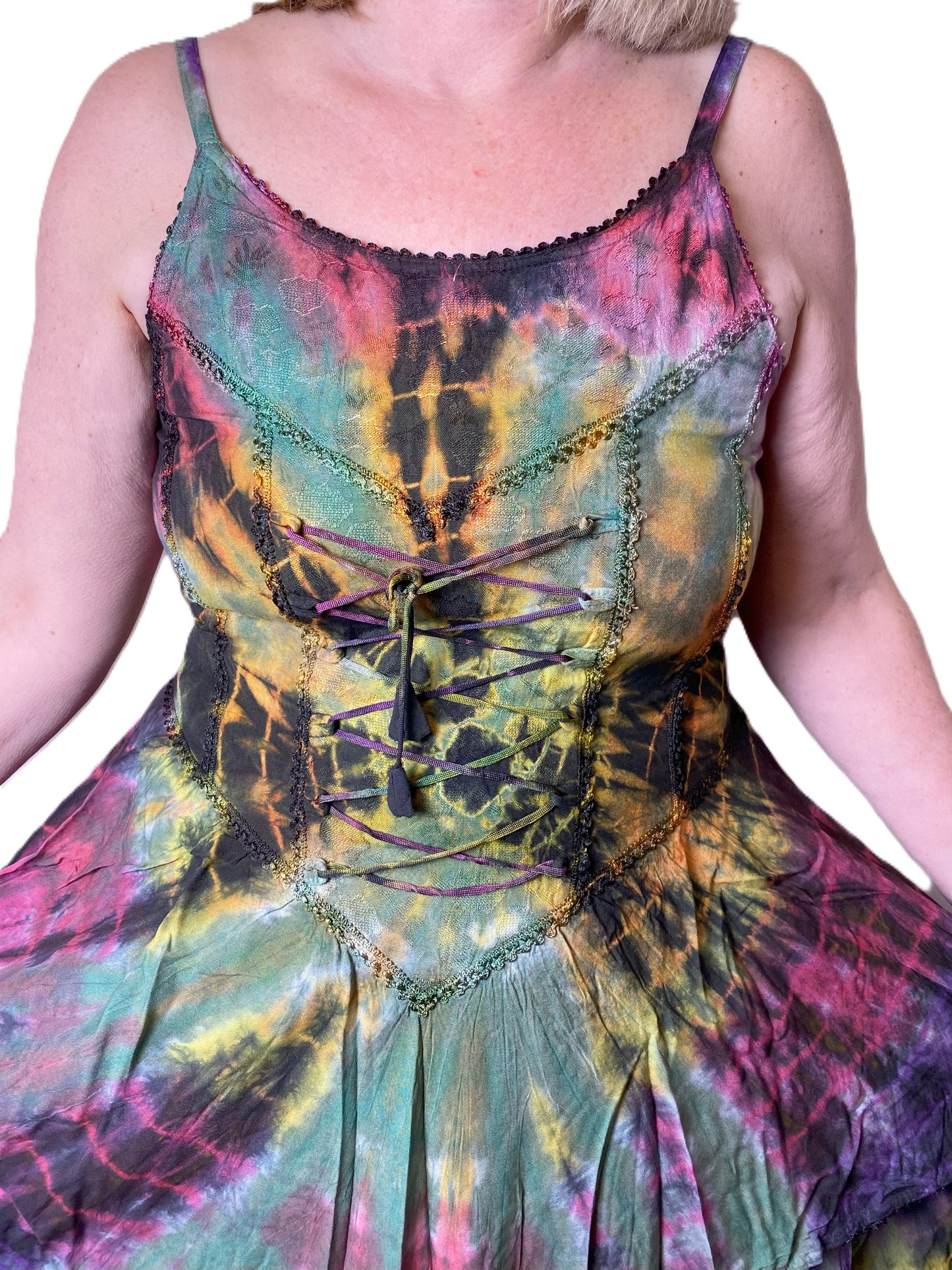 Green, Yellow and Purple Tie Dye Corset witchy pagan corset wicca pixie dress Size 10 12 14 16