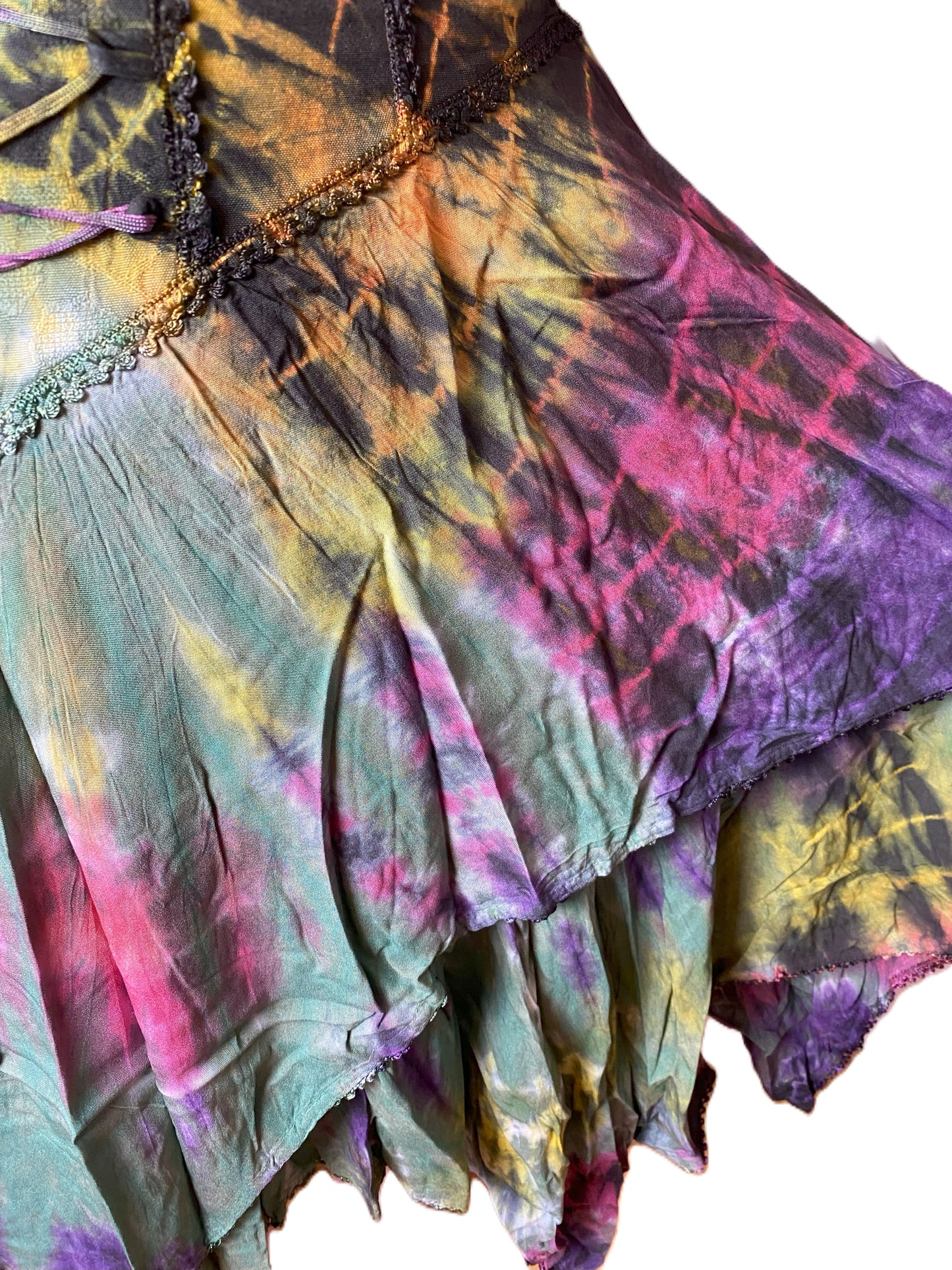 Green, Yellow and Purple Tie Dye Corset witchy pagan corset wicca pixie dress Size 10 12 14 16
