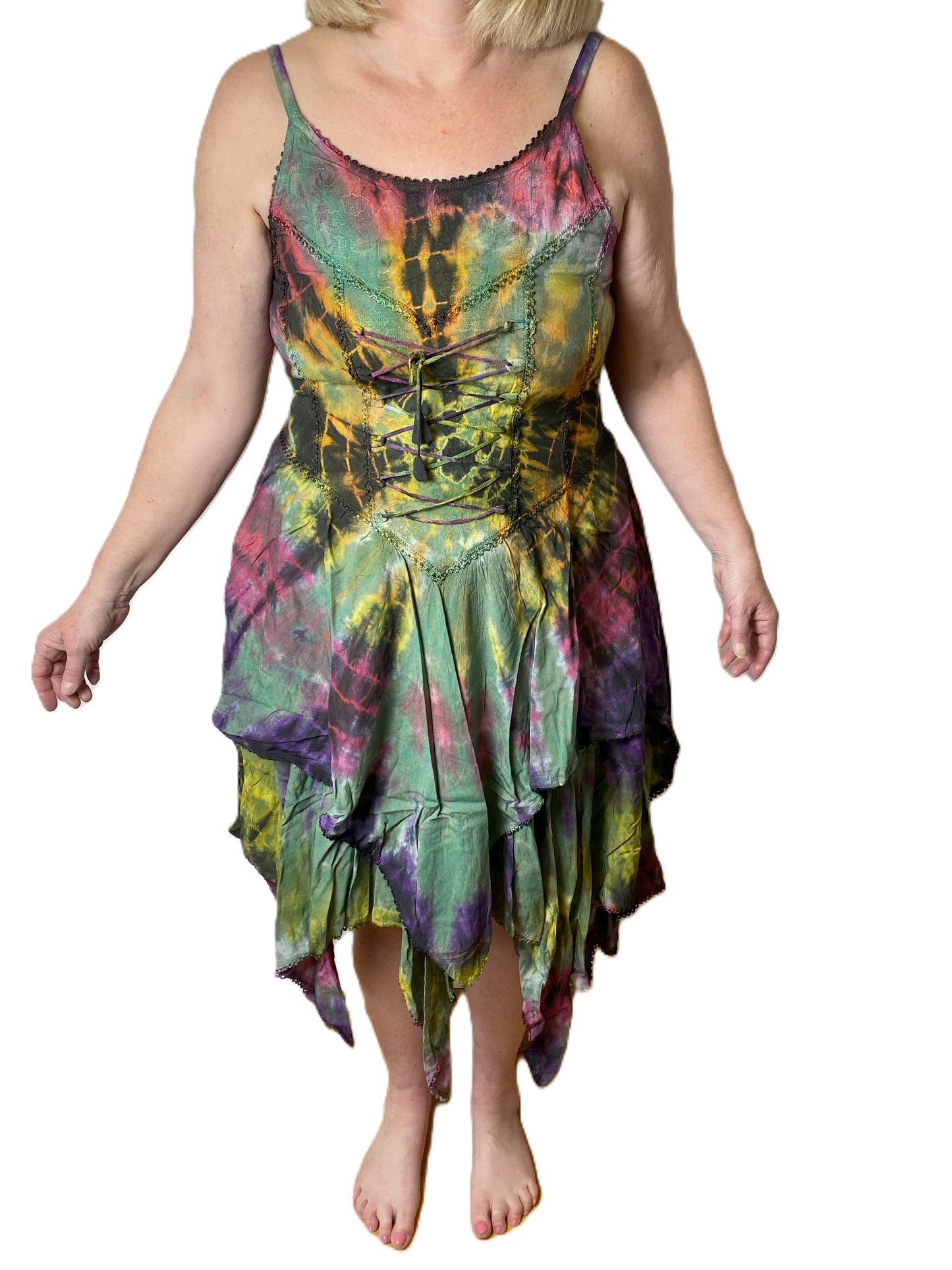 Green, Yellow and Purple Tie Dye Corset witchy pagan corset wicca pixie dress Size 10 12 14 16