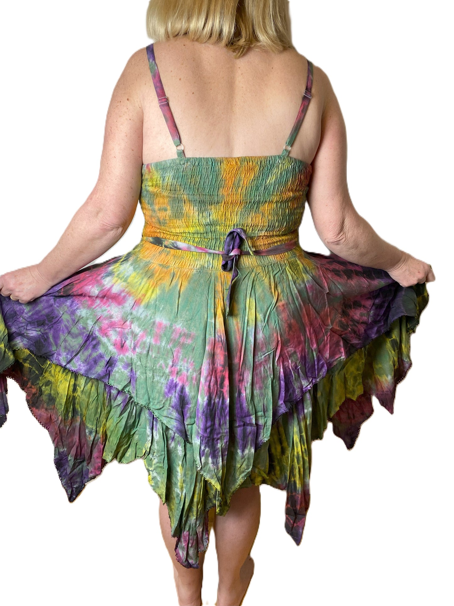 Green, Yellow and Purple Tie Dye Corset witchy pagan corset wicca pixie dress Size 10 12 14 16