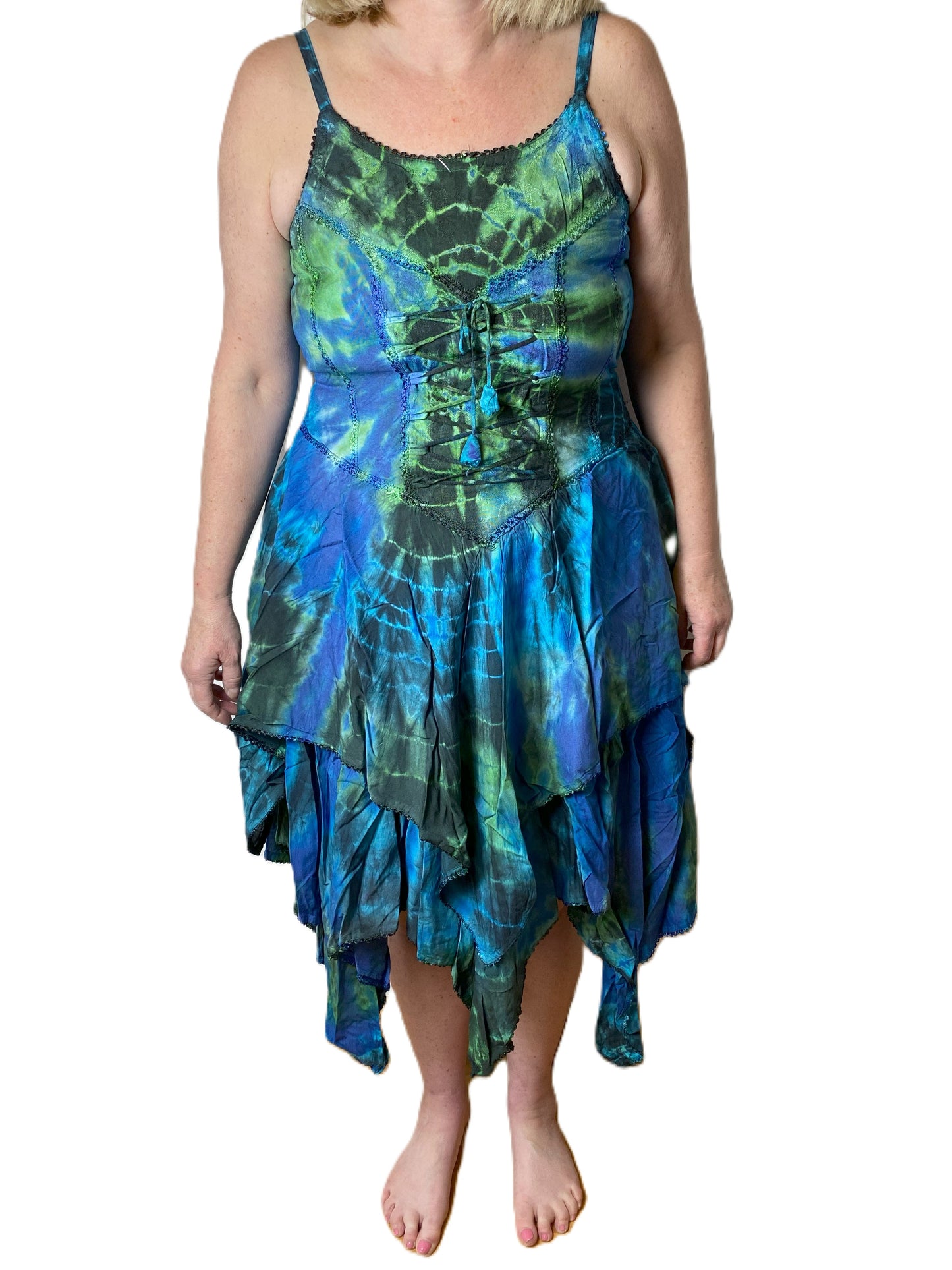 Blue and Green Tie Dye Corset witchy pagan corset wicca pixie dress Size 10 12 14 16