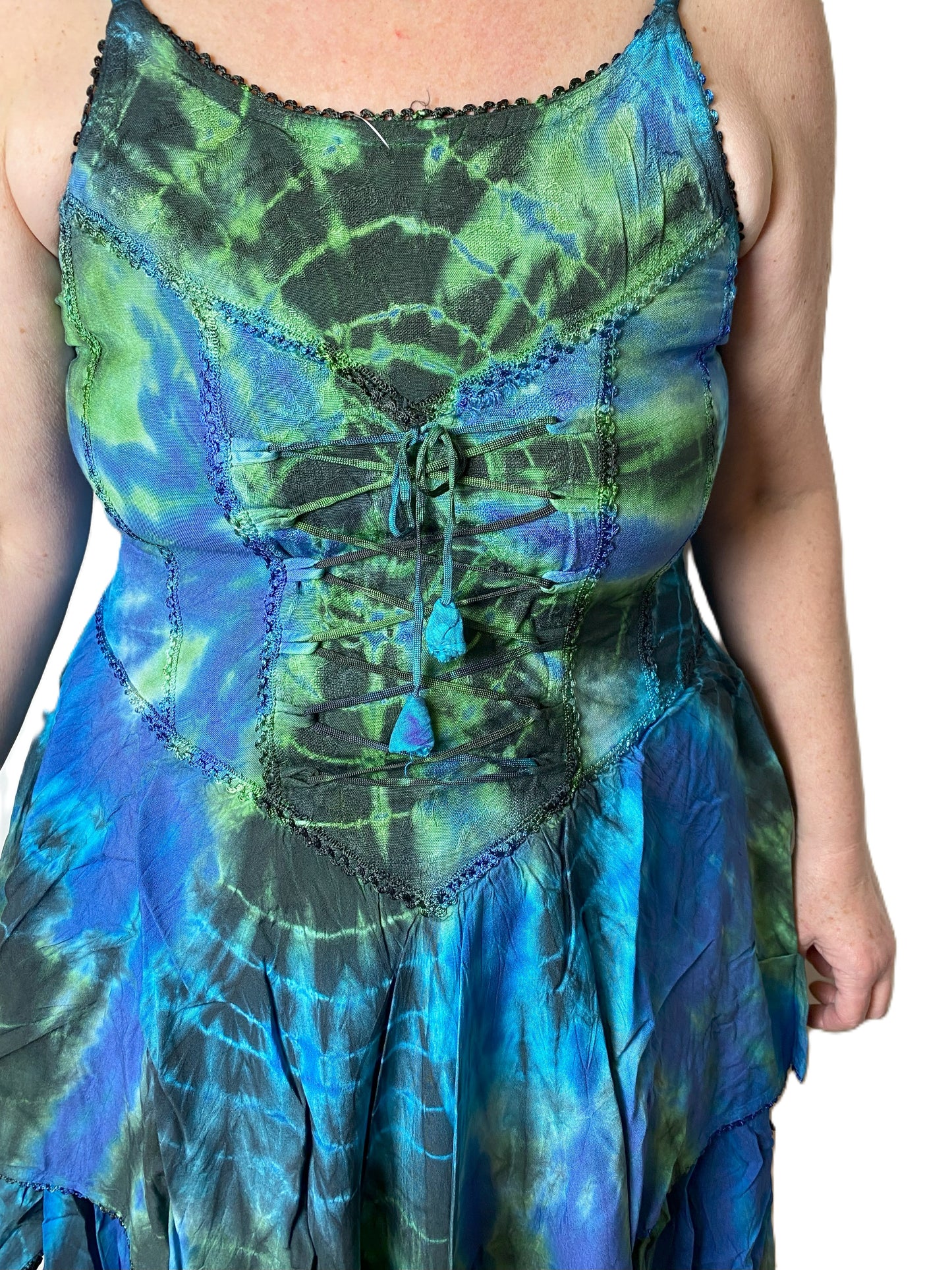 Blue and Green Tie Dye Corset witchy pagan corset wicca pixie dress Size 10 12 14 16