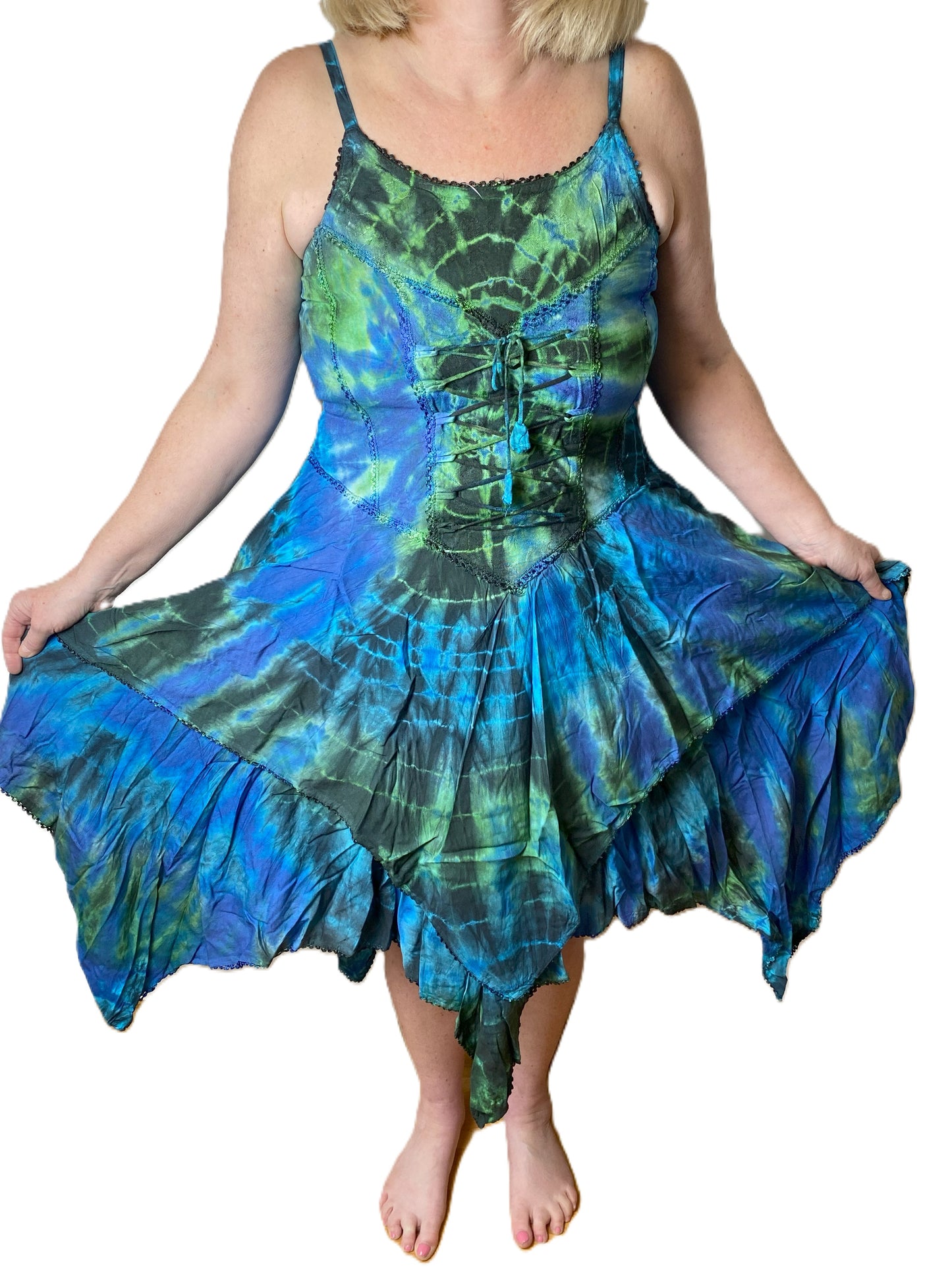 Blue and Green Tie Dye Corset witchy pagan corset wicca pixie dress Size 10 12 14 16
