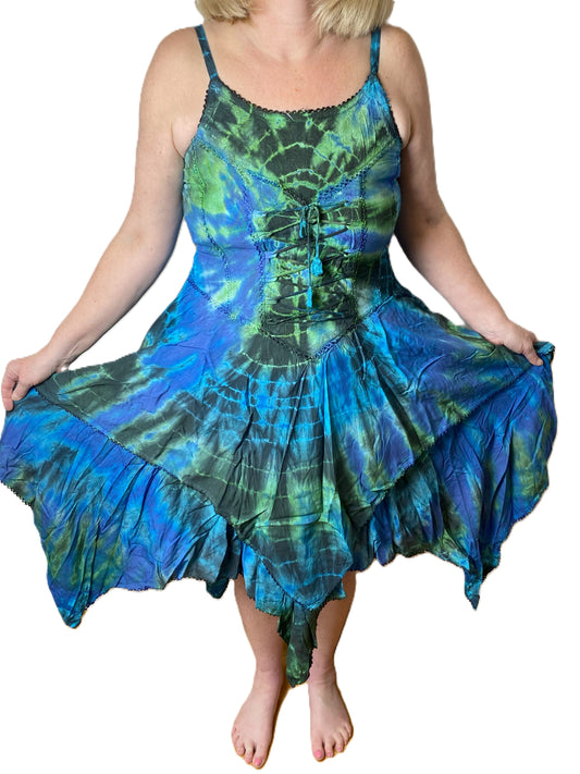 Blue and Green Tie Dye Corset witchy pagan corset wicca pixie dress Size 10 12 14 16