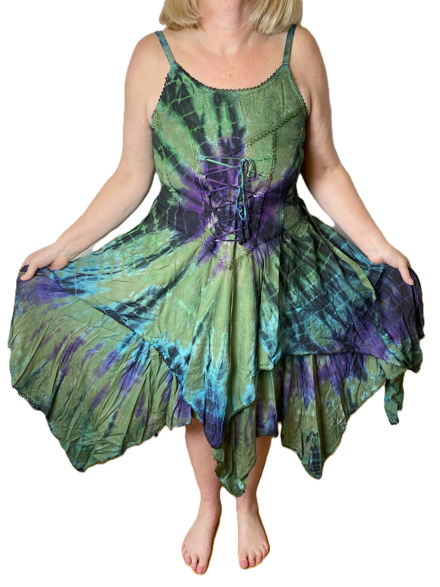 Green and Purple Tie Dye Corset witchy pagan corset wicca pixie dress Size 10 12 14 16