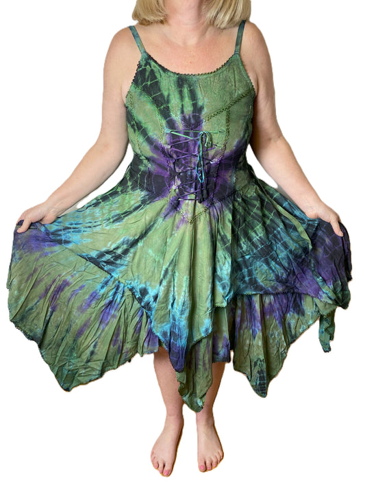 Green and Purple Tie Dye Corset witchy pagan corset wicca pixie dress Size 10 12 14 16