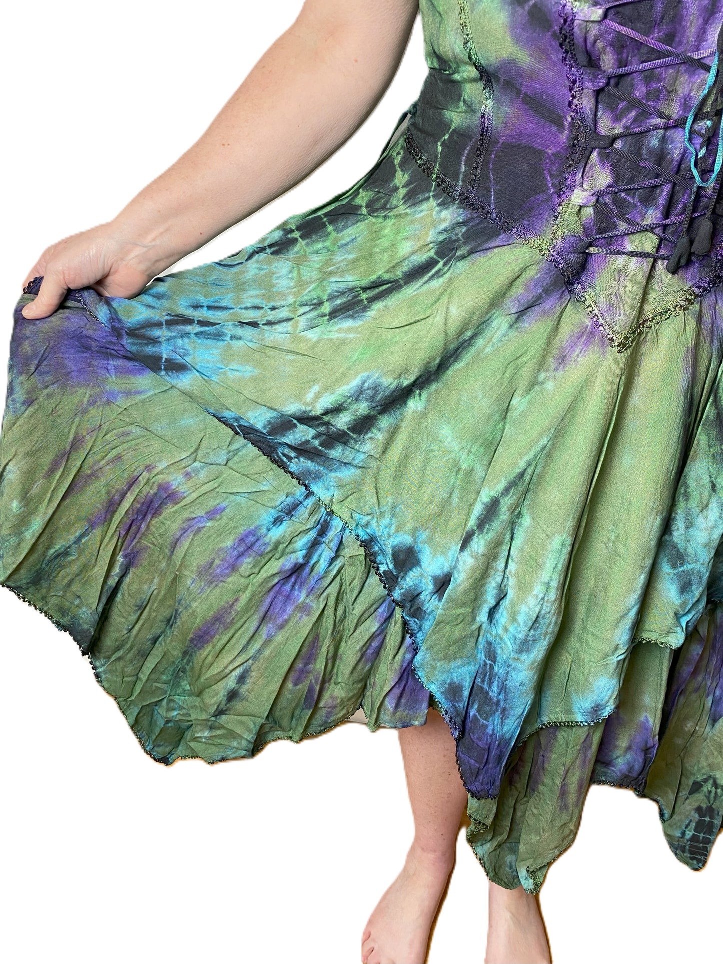 Green and Purple Tie Dye Corset witchy pagan corset wicca pixie dress Size 10 12 14 16