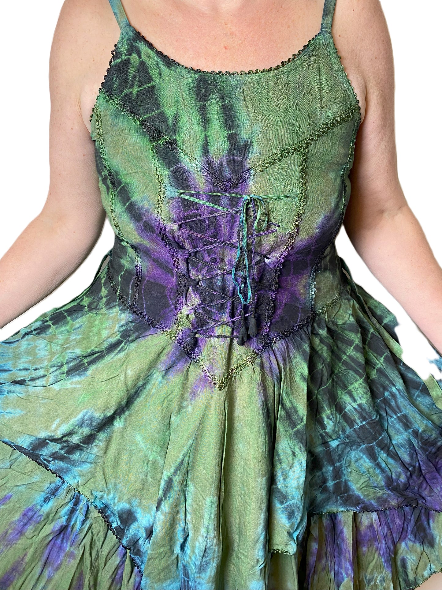 Green and Purple Tie Dye Corset witchy pagan corset wicca pixie dress Size 10 12 14 16