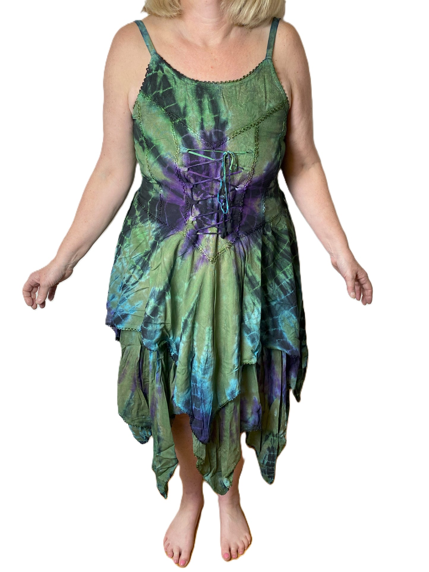 Green and Purple Tie Dye Corset witchy pagan corset wicca pixie dress Size 10 12 14 16