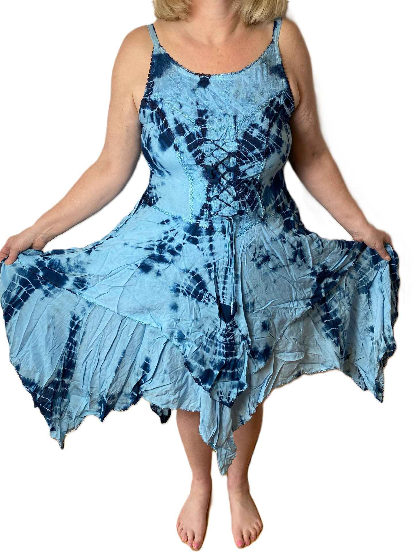 Blue Tie Dye Corset witchy pagan medieval corset wicca pixie dress Size 10 12 14 16