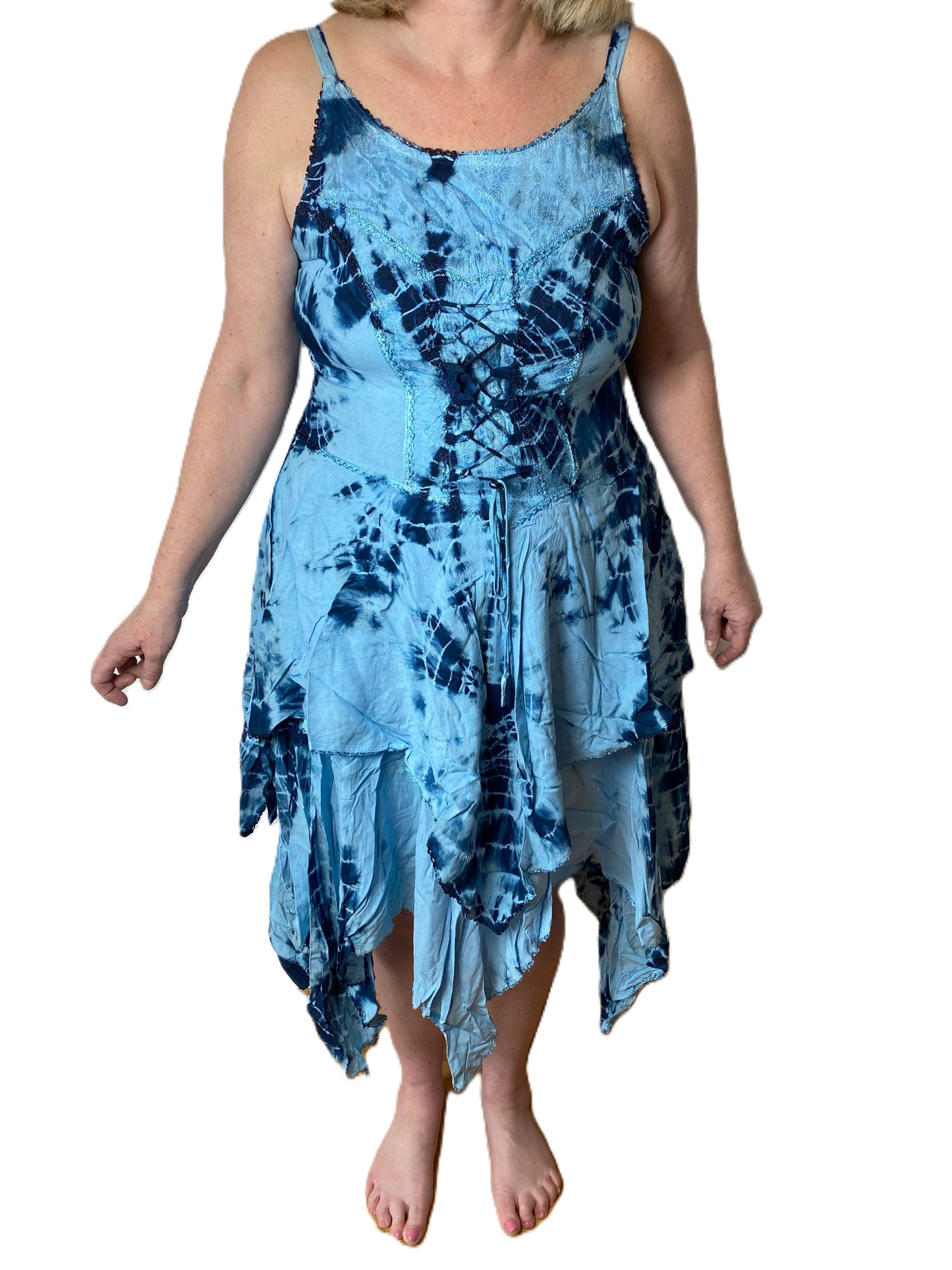 Blue Tie Dye Corset witchy pagan medieval corset wicca pixie dress Size 10 12 14 16