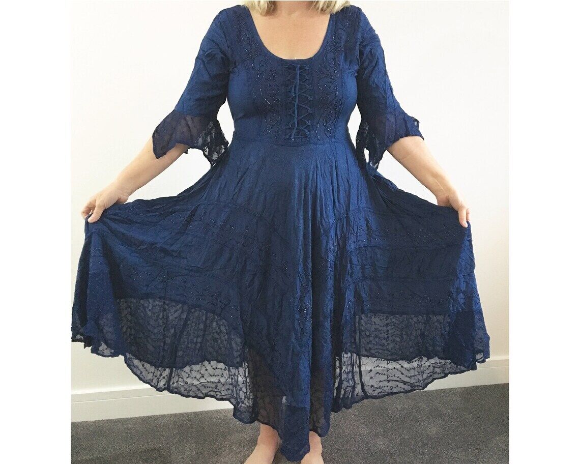 Navy Blue Long Maxi Medieval LARP Witchy Pagan Wicca Dress Wedding Plus Size 14 16 18