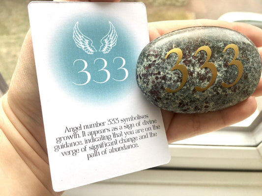 Personalized Angel Number 333 Crystal Palmstone Ruby Kyanite with Meanings Card