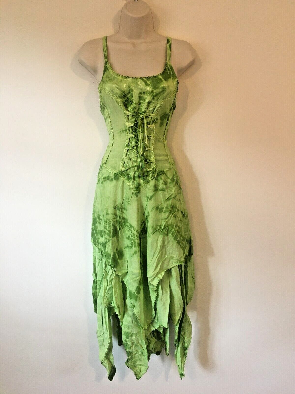 Green Tie Dye Corset witchy pagan medieval corset wicca pixie dress Size 10 12 14