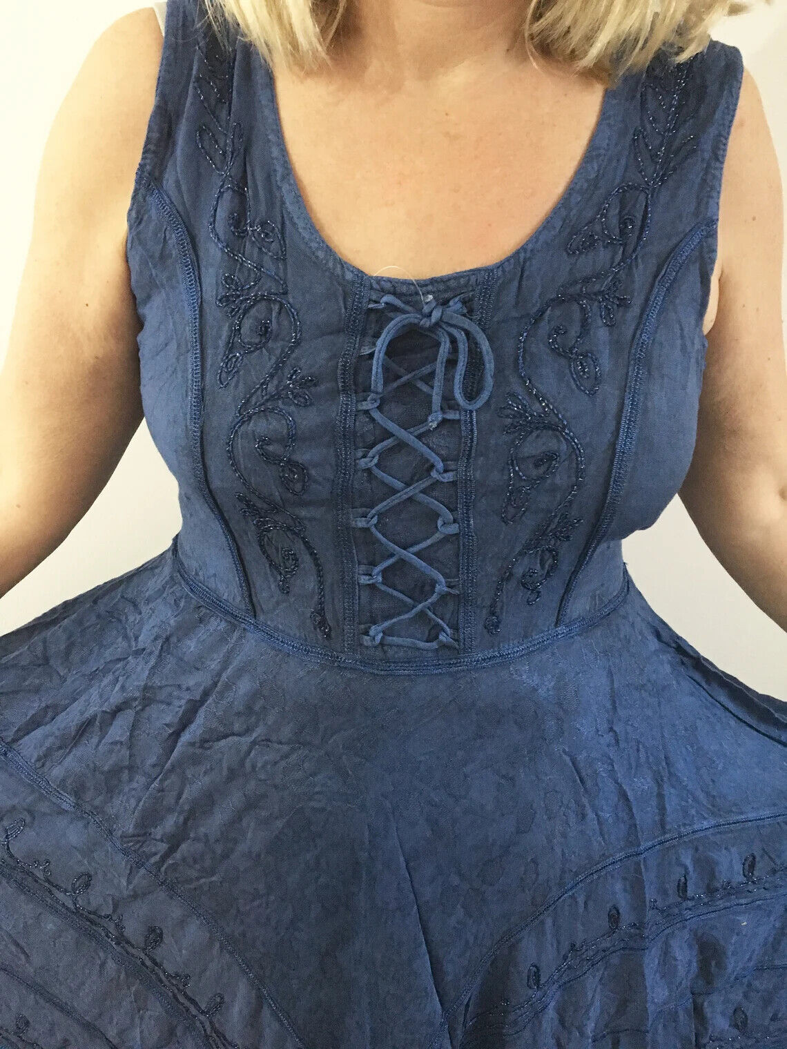 Navy Blue Long Maxi Medieval LARP Corset Witchy Pagan Wicca Dress Plus Size 14 16 18