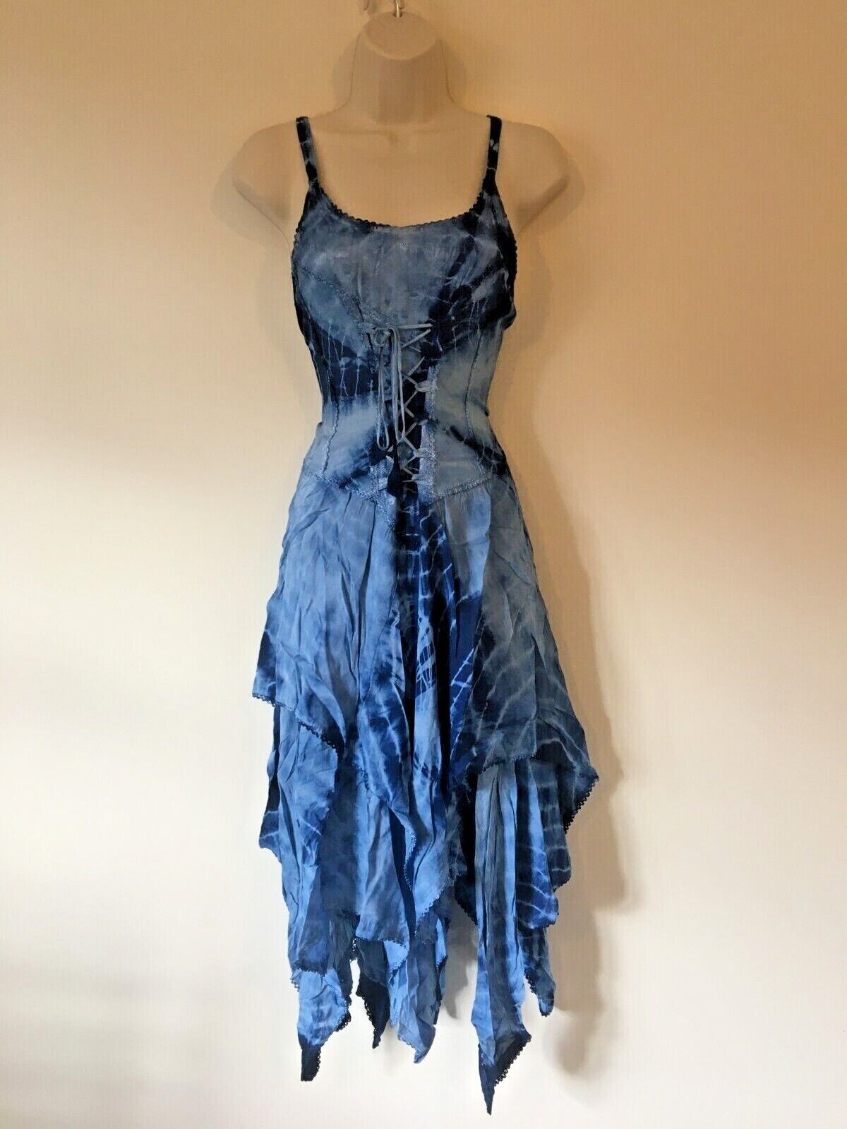 Blue Tie Dye Corset witchy pagan medieval corset wicca pixie dress Size 10 12 14