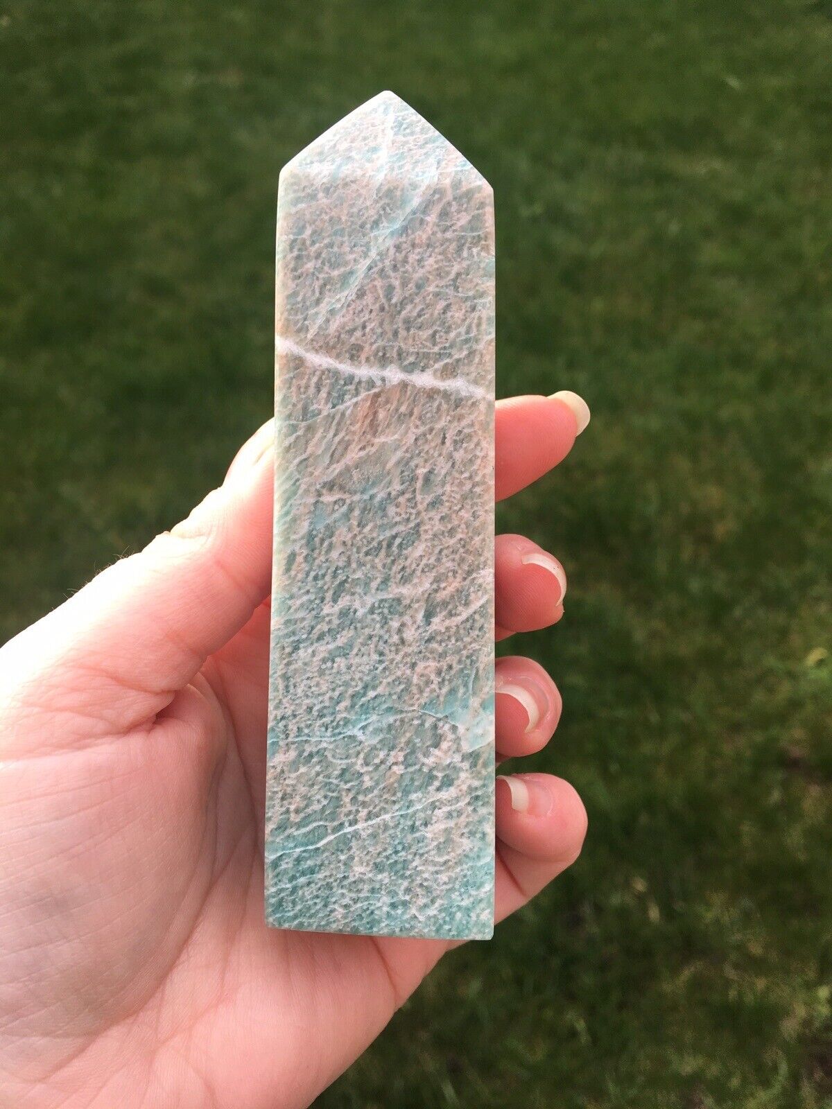 Amazonite Crystal 215g 12cm Tower Point Obelisk Generator Reiki Healing Wand