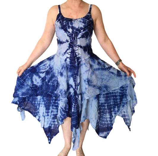 Blue Tie Dye Corset witchy pagan medieval corset wicca pixie dress Size 10 12 14